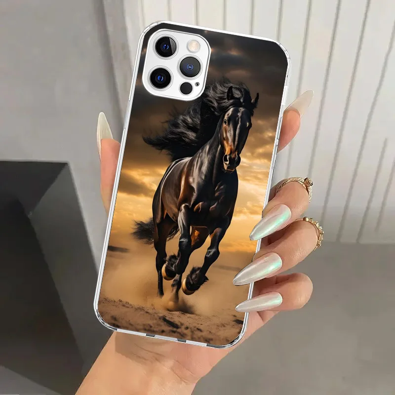 Animal Black Horse Phone Case for Iphone 16 15 14 13 12 Mini 11 Pro Max X XS XR 7 Plus 8 SE 2020 Soft Funda Print Shell