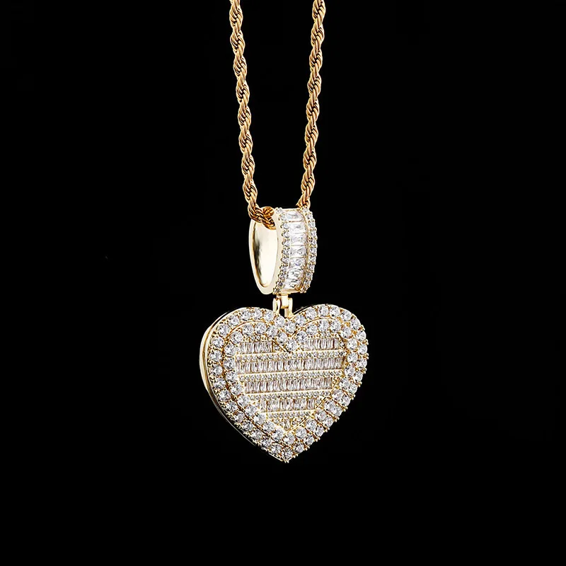 Custom Heart Shape Flip Photo Frame Pendant Necklace for Men and Women, AAA Zircon Bling, Iced Out Rapper Jewelry Gifts