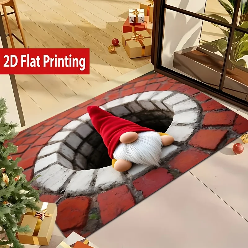 VIKAMA Christmas Gnome Chimney Half Round Doormat Non Slip Washable Rug for Front Door Entryway Kitchen Living Room Decor