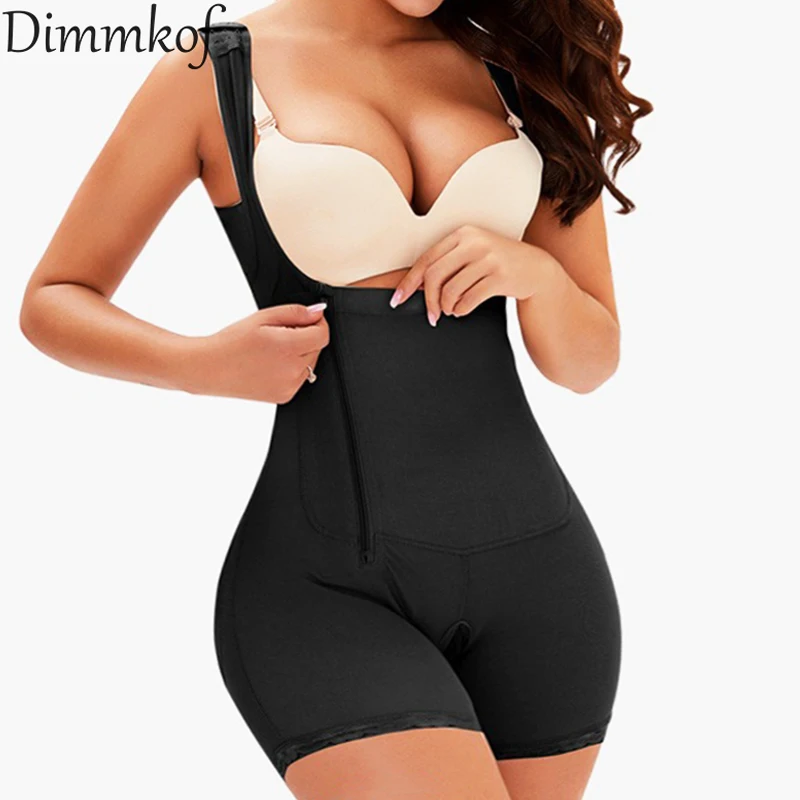 Dimmkof-moldeadores de busto abierto con cuello en U, Bodyshapers con botón de cremallera, doble compresión, Control de barriga, Scrunch Butt bragas, dobladillo de encaje, correas ensanchadas