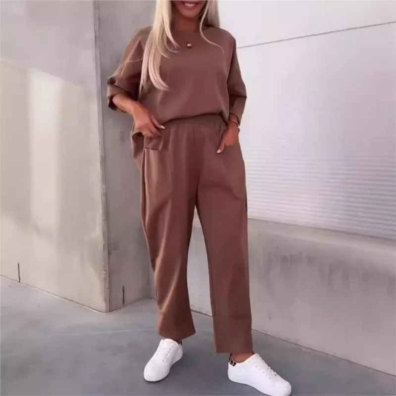 

Women 2 Piece Set Solid Long Sleeves Tracksuit Sets For Women Autumn Winter O-Neck Top Straight Pants Casual Women's 2 Piece Set