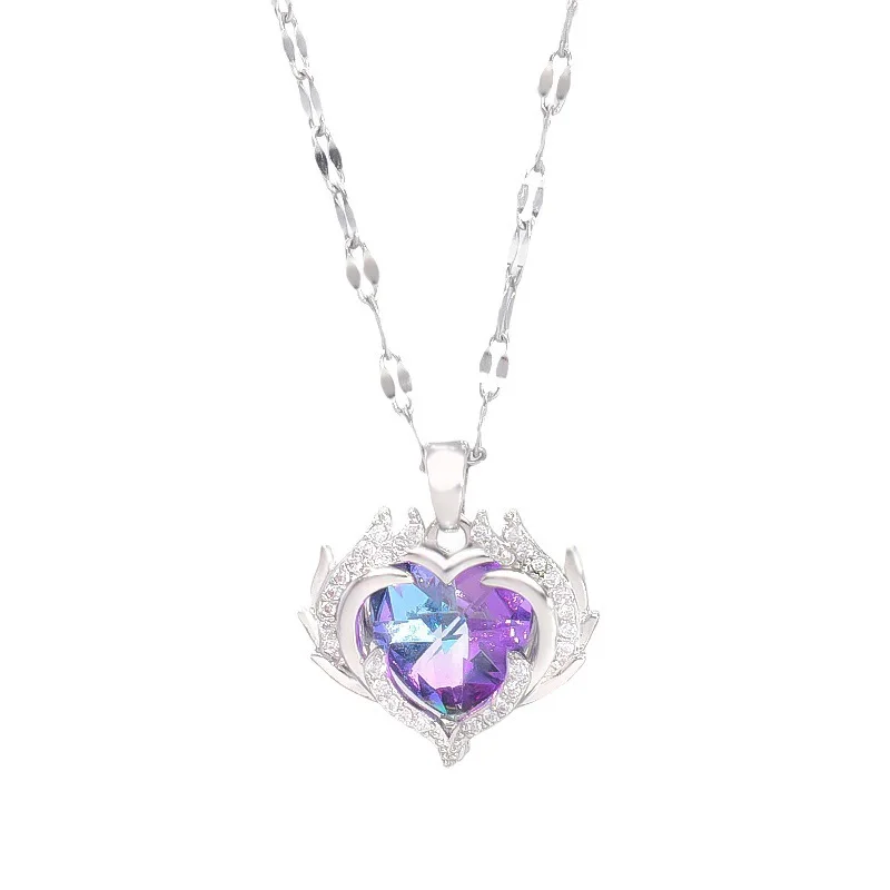 Charm Colorful Crystal Heart of The Sea Pendant Necklace for Women Exquisite Stainless Steel Zircon Chokers Bride Jewelry Gift