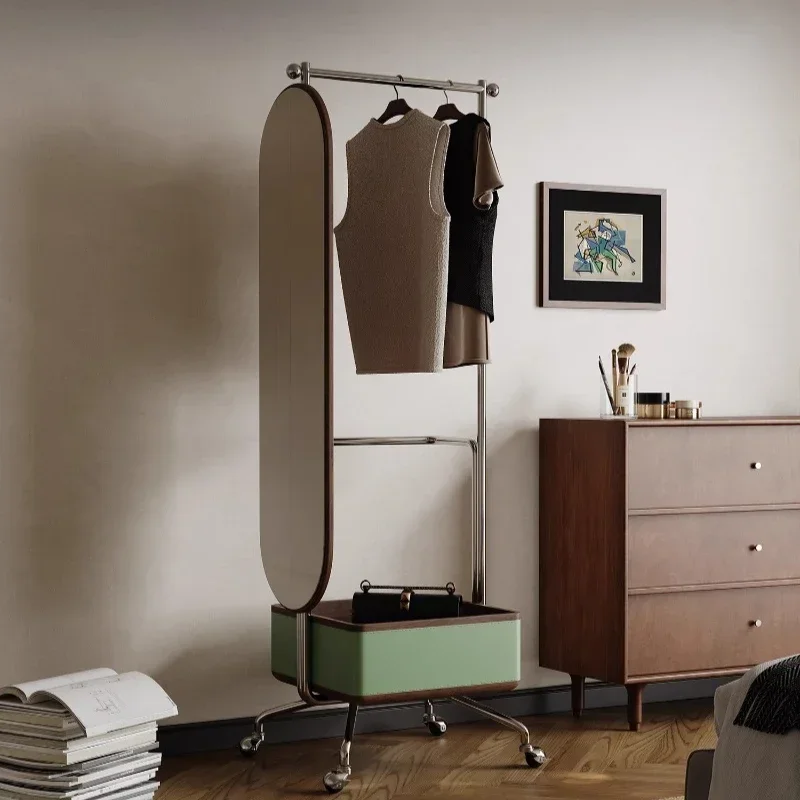 Full-body mirror integrated saddle leather stainless steel removable household hanger with basket