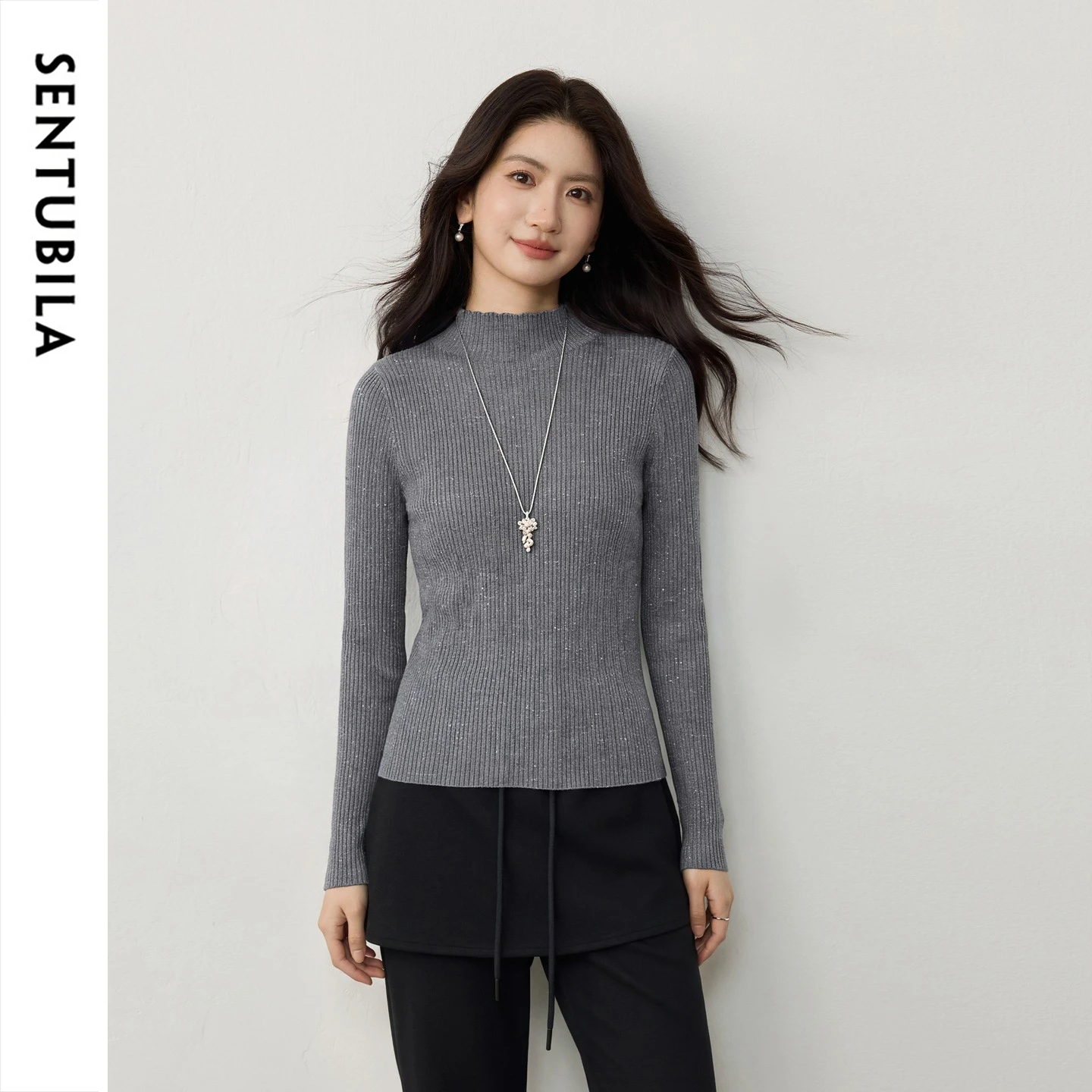 SENTUBILA Women Wool Blend Knit Sweater Half High Neck Textured Slim Fit Stretch Shimmer Silver 2026 Winter Basic Top W64HA8731
