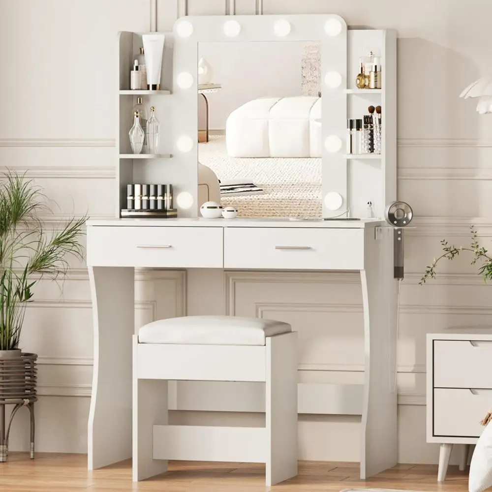 

Makeup Vanity Desk with Mirror, Lights, Cushioned Stool, and Power Outlet - White Table Set with Storage Drawers