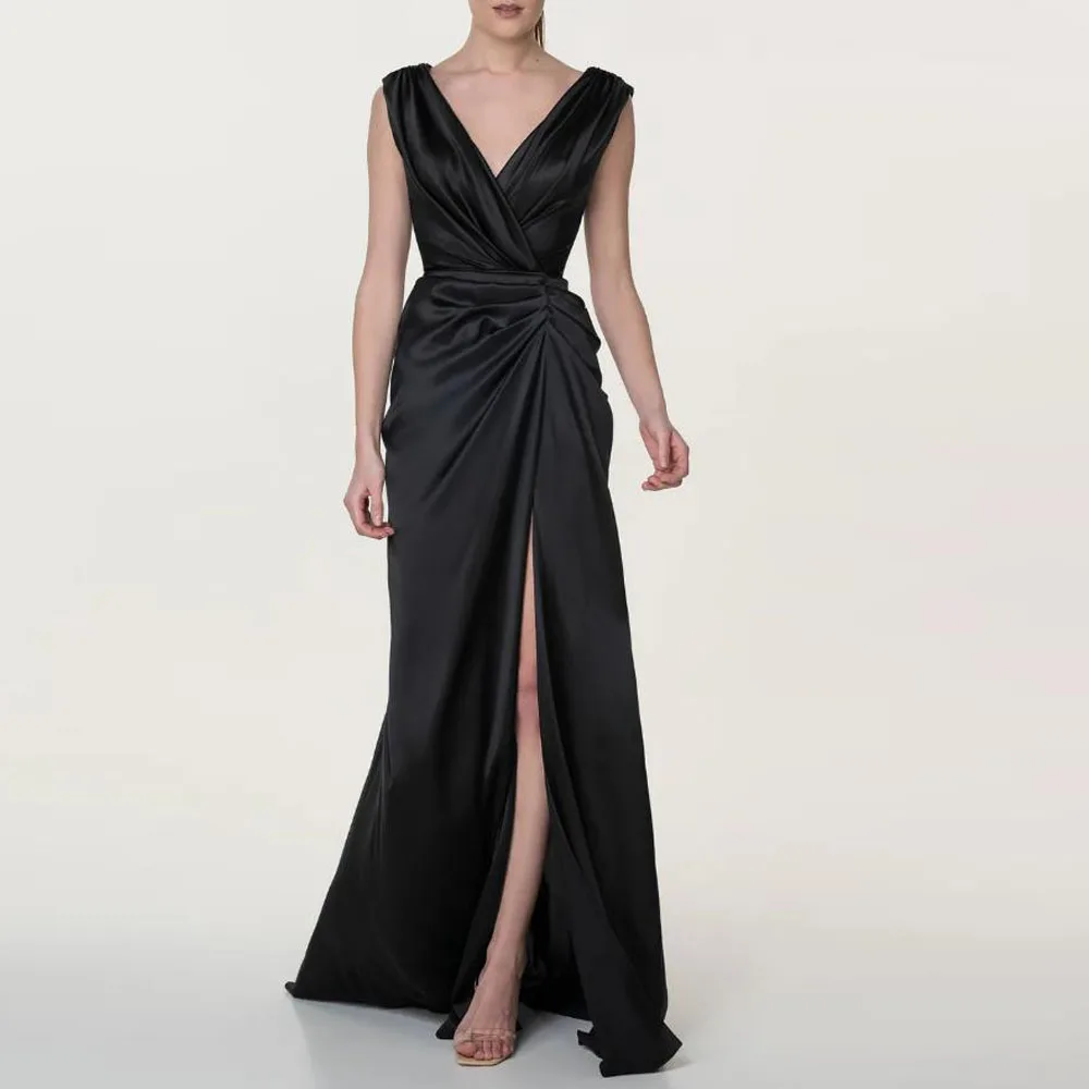 

Customized Classic Black Evening Dresses with Split V Neck Wide Strap Formal Gown Pleated Mermaid Satin Meet Gala Dress