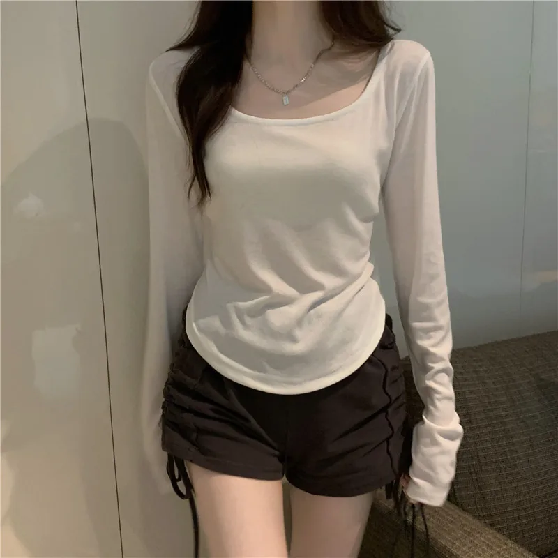 Women Square Collar Long Flare Sleeve Solid Irregulra T-shirts Korea Slim Lady Tee Tops CDPF-WYP-6806