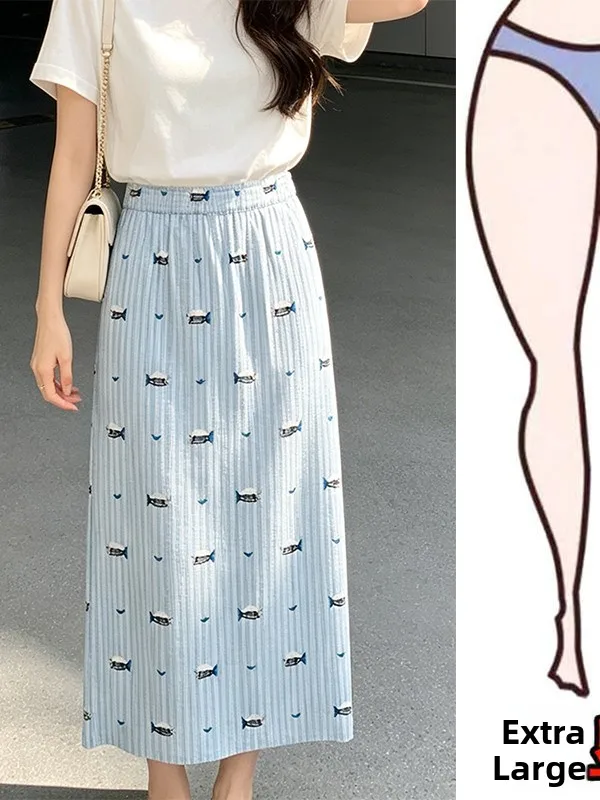 

Blue Floral Print A-Line Skirt Women's High Waist Half Body Summer New Style Korean Style Slimming Versatile Skirts