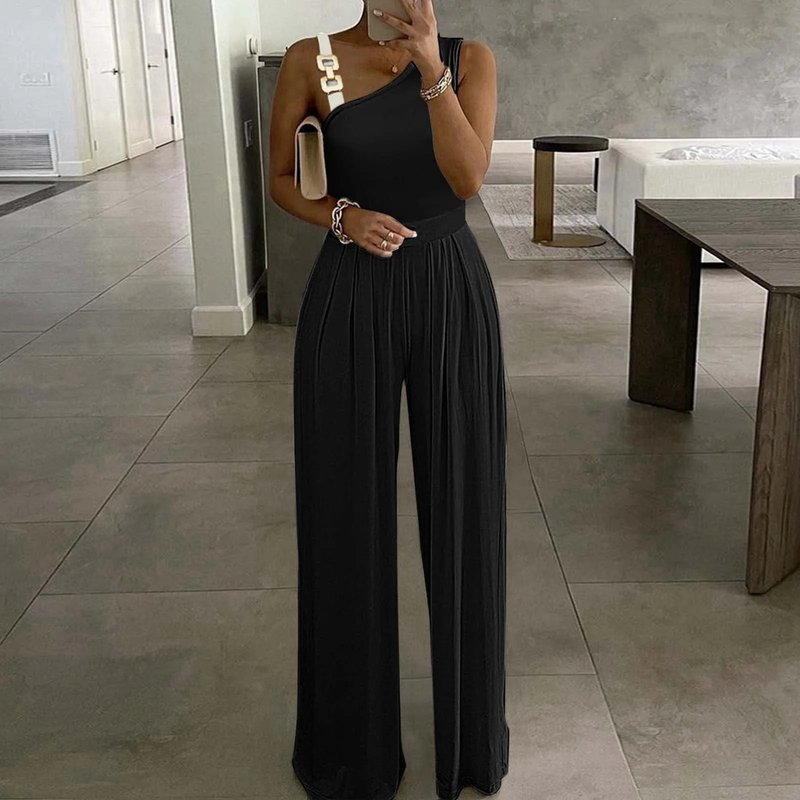 

Women Sexy Off Shoulder Jumpsuit Solid Color Sleeveless Overalls Metal Button Tank Top High Waist Wide Leg Jumpsuit Rompers