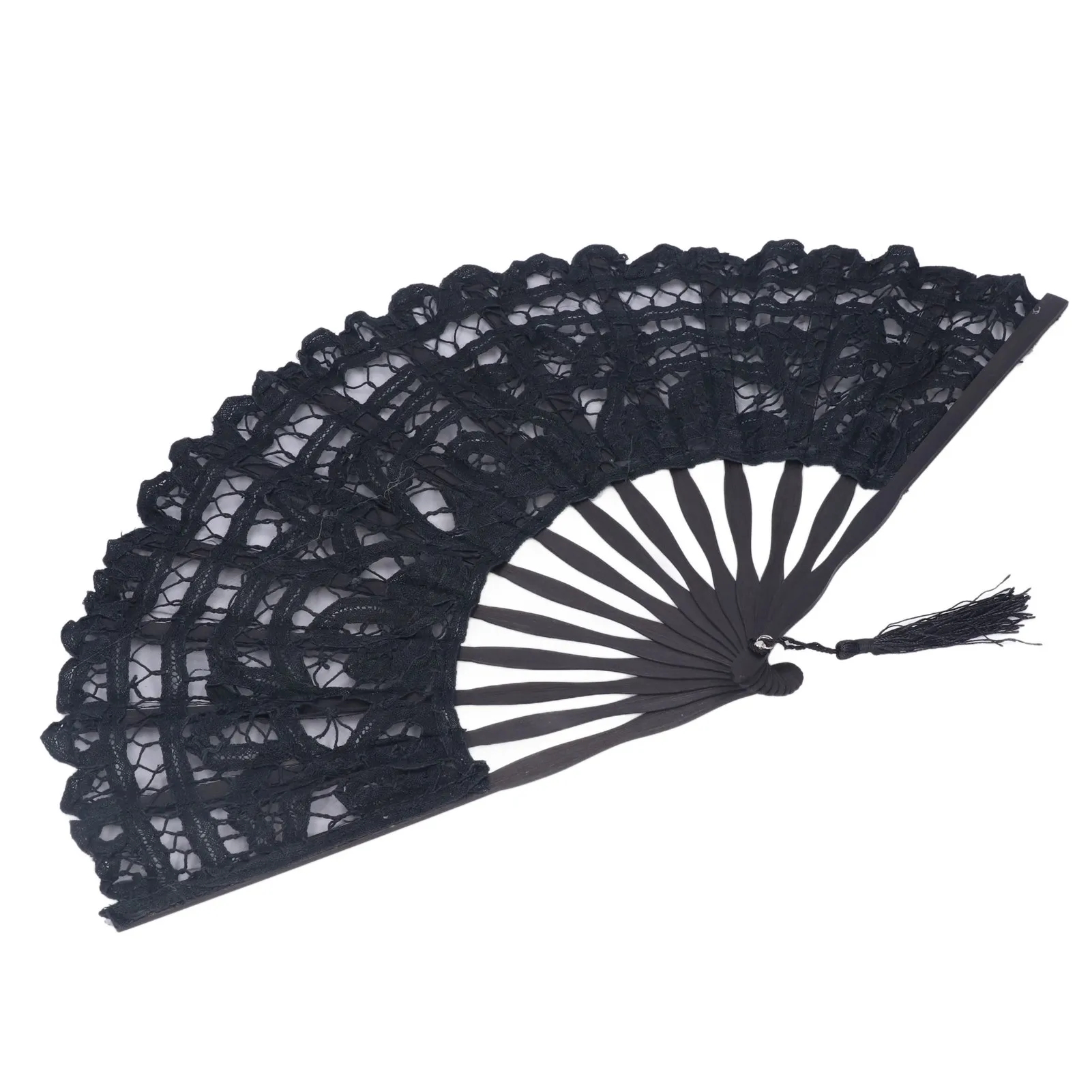 Folding Fan Hallow Lace Bamboo Bones Vintage Style Hand Fan With Tassel For Performance Clothes Decoration GiftWhite