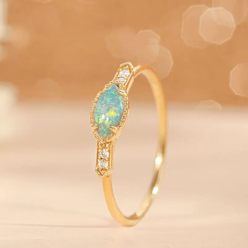 Ancient gold craftsmanship small and exquisite inlaid colorful Opal rings for women light luxury charm banquet silver jewelry