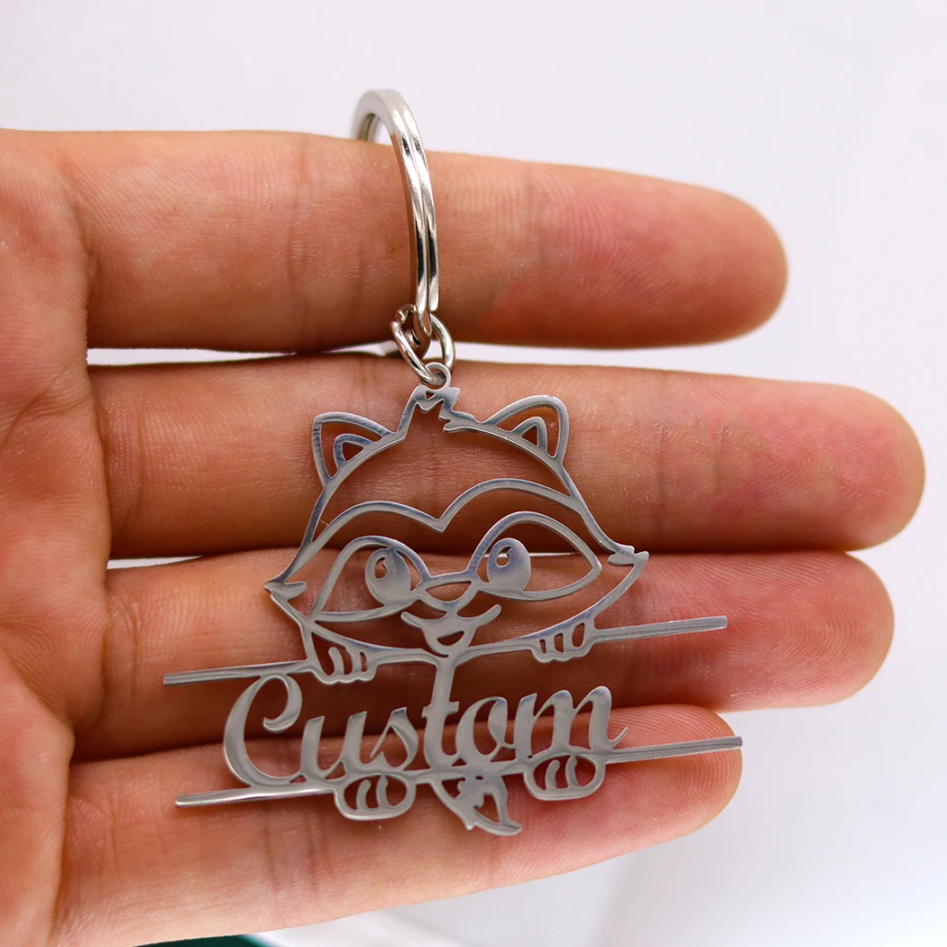 QIAMNI Cute Animal Fox Personalized Custom Name Pendant Key Chains Gift For Women Men Stainless Steel Handmade Nameplate Jewelry