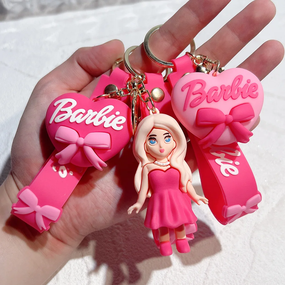 PVC Pink Cartoon Barbie Heart Car Keychain Schoolbag Wallet Bags Pendant Toys for Girls Anime Figure Accessories Decoration Gift