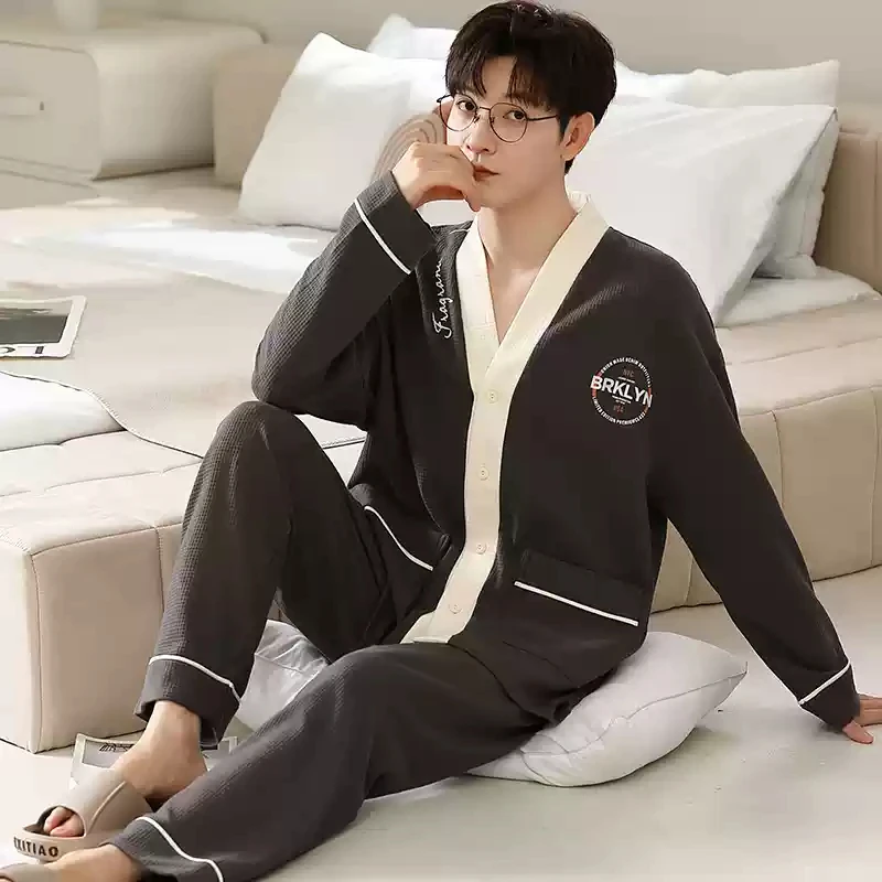 Big Size 4XL 5XL Cotton Men's Kimono Pajama Set Autumn Spring Home Clothing Male Cardigan Nightwear V Neck Pijamas pijama hombre