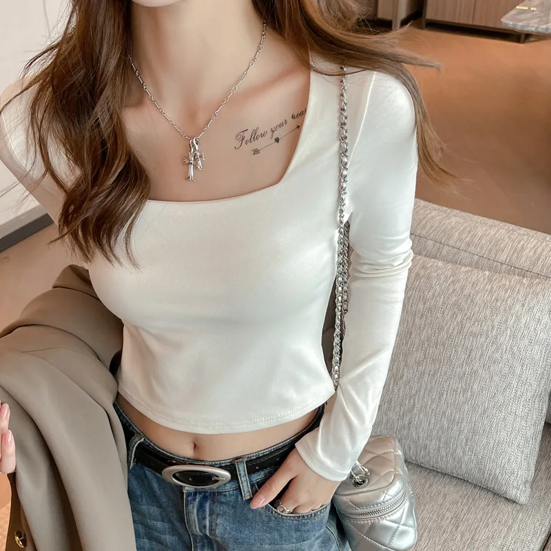 

Сексуальные модные укороченные топы с длинными рукавами, рубашка для женщин, ранняя осень, повседневная блузка с квадратным воротником, корейские базовые эластичные однотонные топы