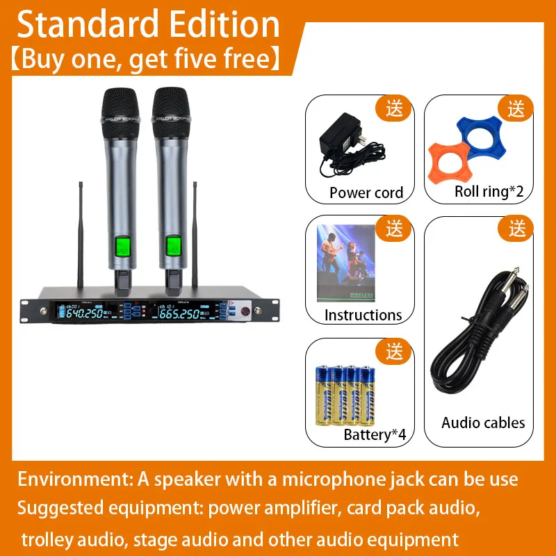 Wireless microphone system, 2-channel 2x100 UHF adjustable frequency distance of 100 meters, used for singing and performances