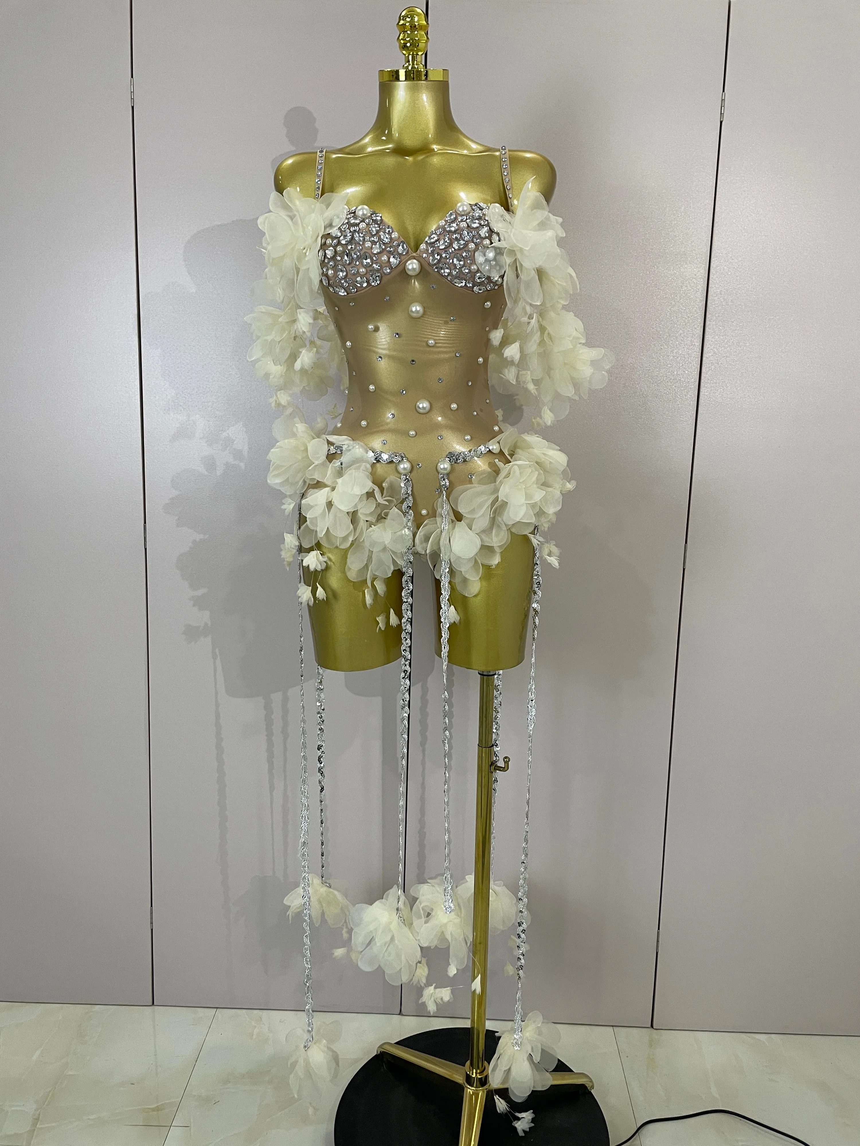 Sparkly Rhinestones Flower Tassel Mesh Stretch Bodysuit Women Birthday Party Nightclub Singer Dancer Performance Stage Costume