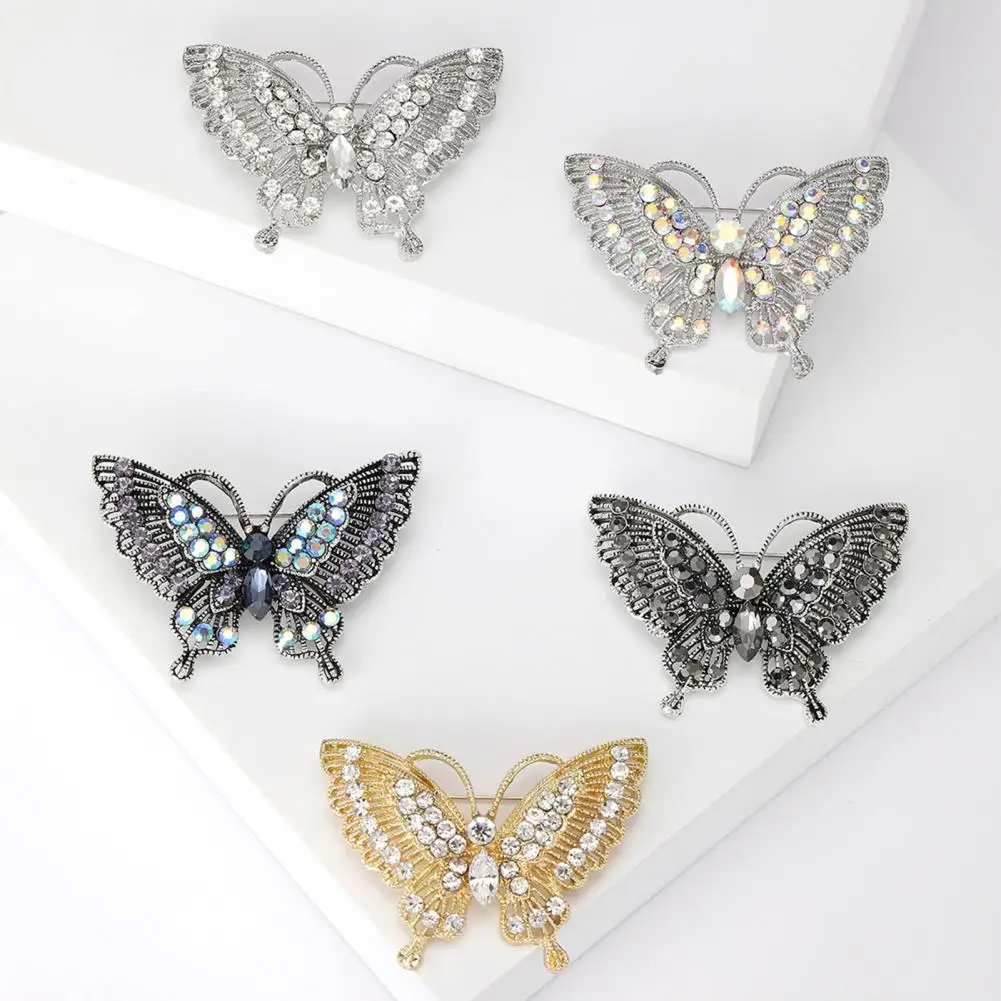 Women Brooch Retro Butterfly Shape Rhinestone Decor Anti-slip Wear-resistant Suit Coat Collar Hat Scarf Decoration Clothes Pin P