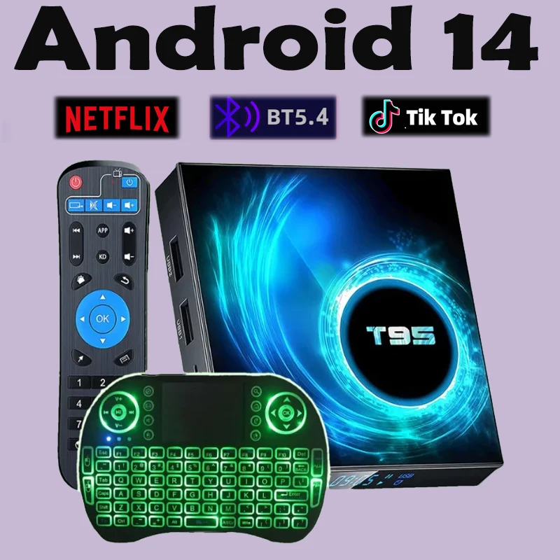 صندوق التلفزيون الذكي Android14 T95 128GB AllwinnerH616 6K مشغل الوسائط المزدوج WiFi 2.4G/5.8G Bluetooth5.4 مشغل الوسائط الصوتي صندوق التلفزيون 2025