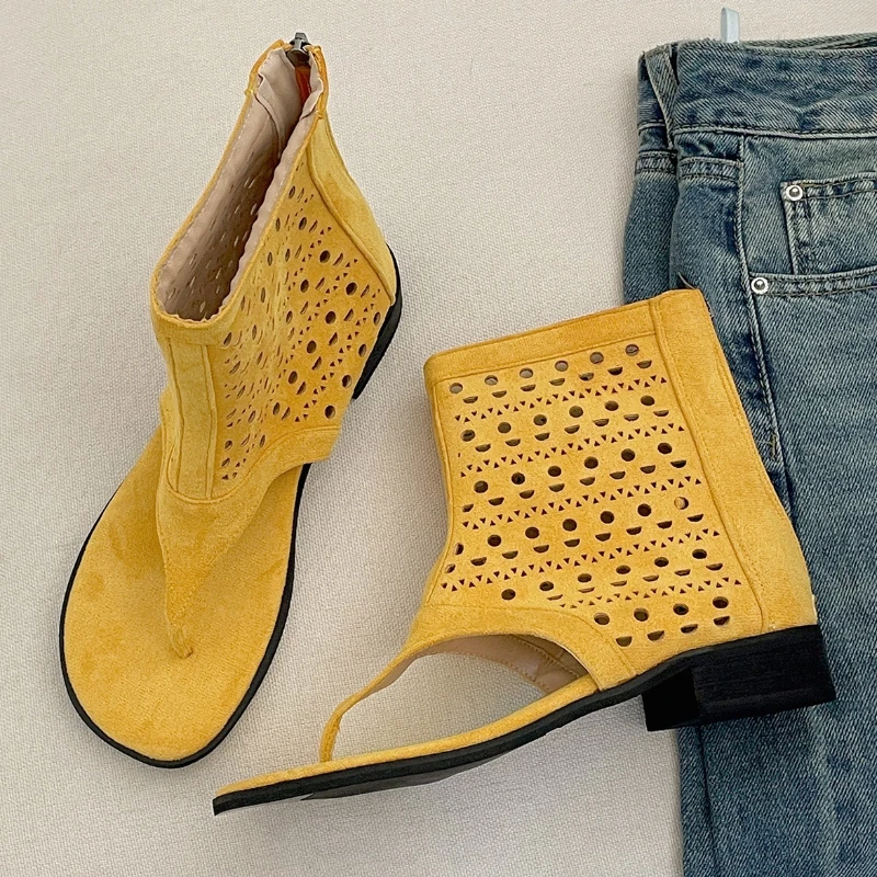 

Retro Low Heel Clip Toe Summer Boots Women Fashion Square Toe Hollow Ankle Boots Concise Comfortable Breathable Designer Boots