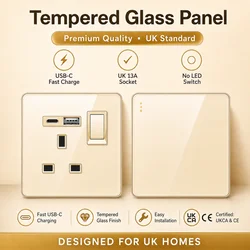 Gold Glass 13A Three-hole USB Switch 86 146 Socket British Standard 110V-250V Wall Power Outlet Ground