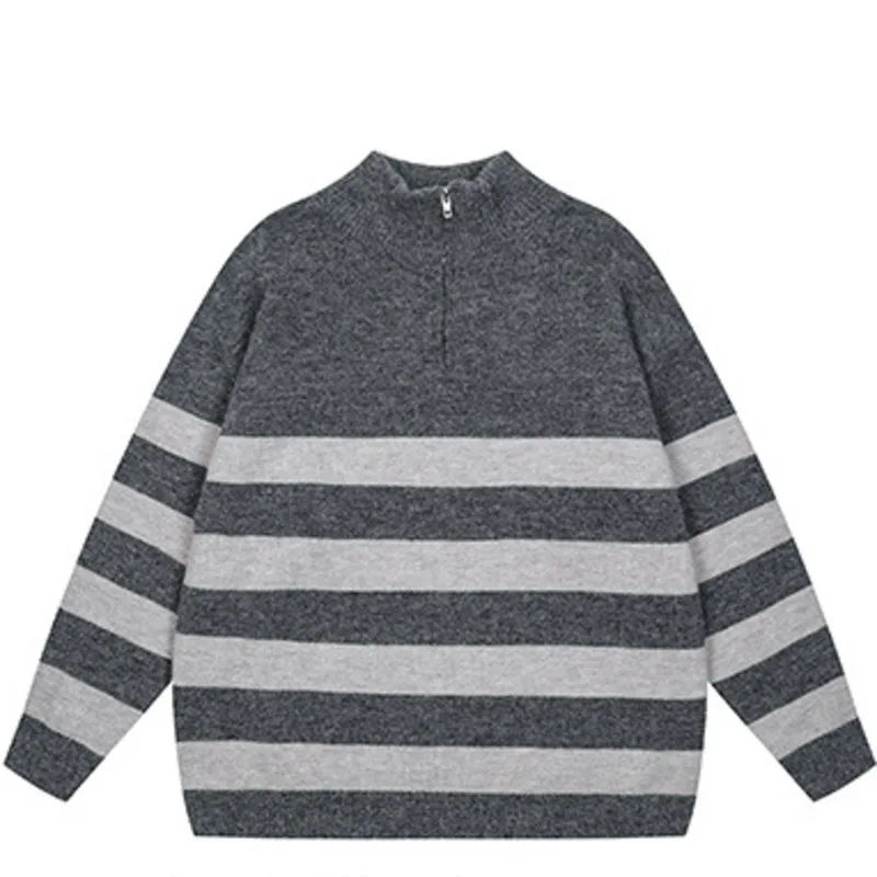 Men's striped knitted sweater, half zip mid neck sweater, men's autumn and winter lazy style couple pullover knitted sweater