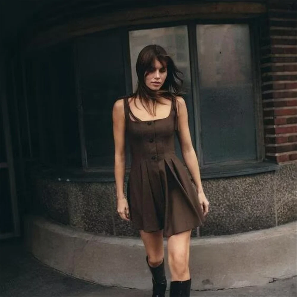 

UNIZERA women's dress with bow decoration and checkered square neckline autumn new one-piece short skirt