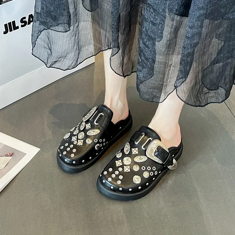 2024 Summer Women Slippers Platform Rivets Punk Rock Leather Mules Creative Metal Fittings Casual Party Shoes Female Outdoor