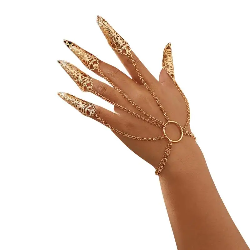 Vintage Gothic Metallarmband im Punk-Stil mit Nagelkette, Ring und Geisterfinger-Dekor, verstellbar für alternative Mode, Alltagskleidung, Geschenk. – Detail 6
