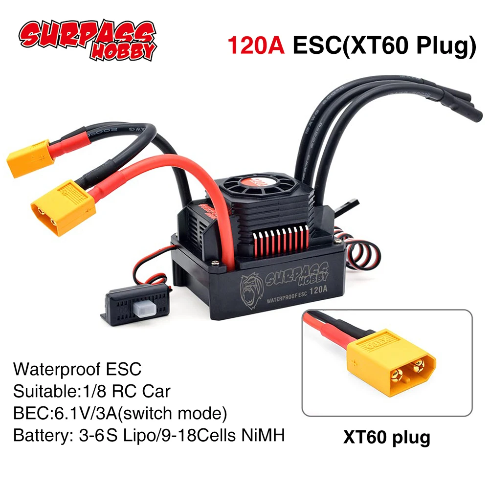 SURPASS HOBBY Waterproof ESC 25A 35A 45A 60A 80A 120A 150A Speed Controller XT60 Plug for Brushless Motor 1/8 1/10 1/14 RC Car