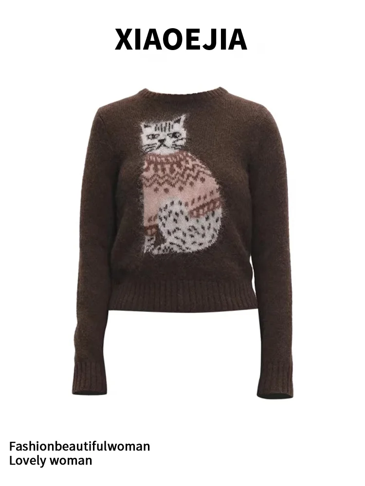 Women Brown Cat Knit Pullover Sweater Vintage 2000s Oversize Jumper Knitwear Long Sleeves Soft Cozy Sweater Autumn Winte