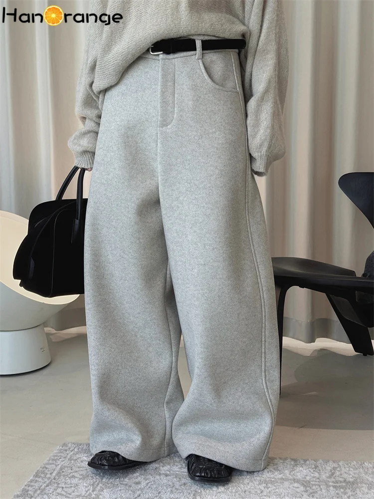 HanOrange 2026 Winter Simple with Belt Wool Composite Wide Legs Pants Women Straightening Trousers Apricot/Light Gray