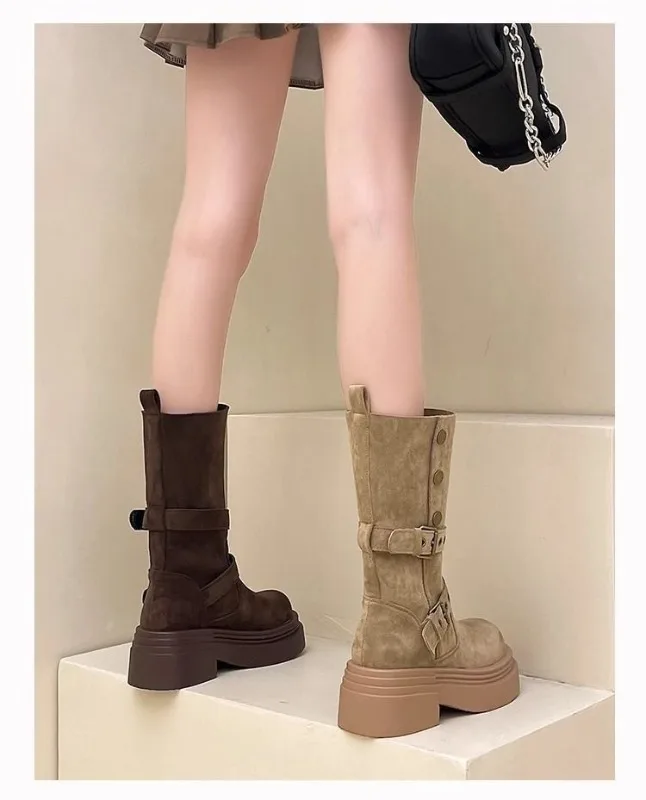 Modische Damen-Plateaustiefel im Western-Stil, 2-Wege-Trageoption, faltbarer Schaft, Wildleder, doppelte Schnalle, Herbst-Winter-Cowboystiefel – Detail 1