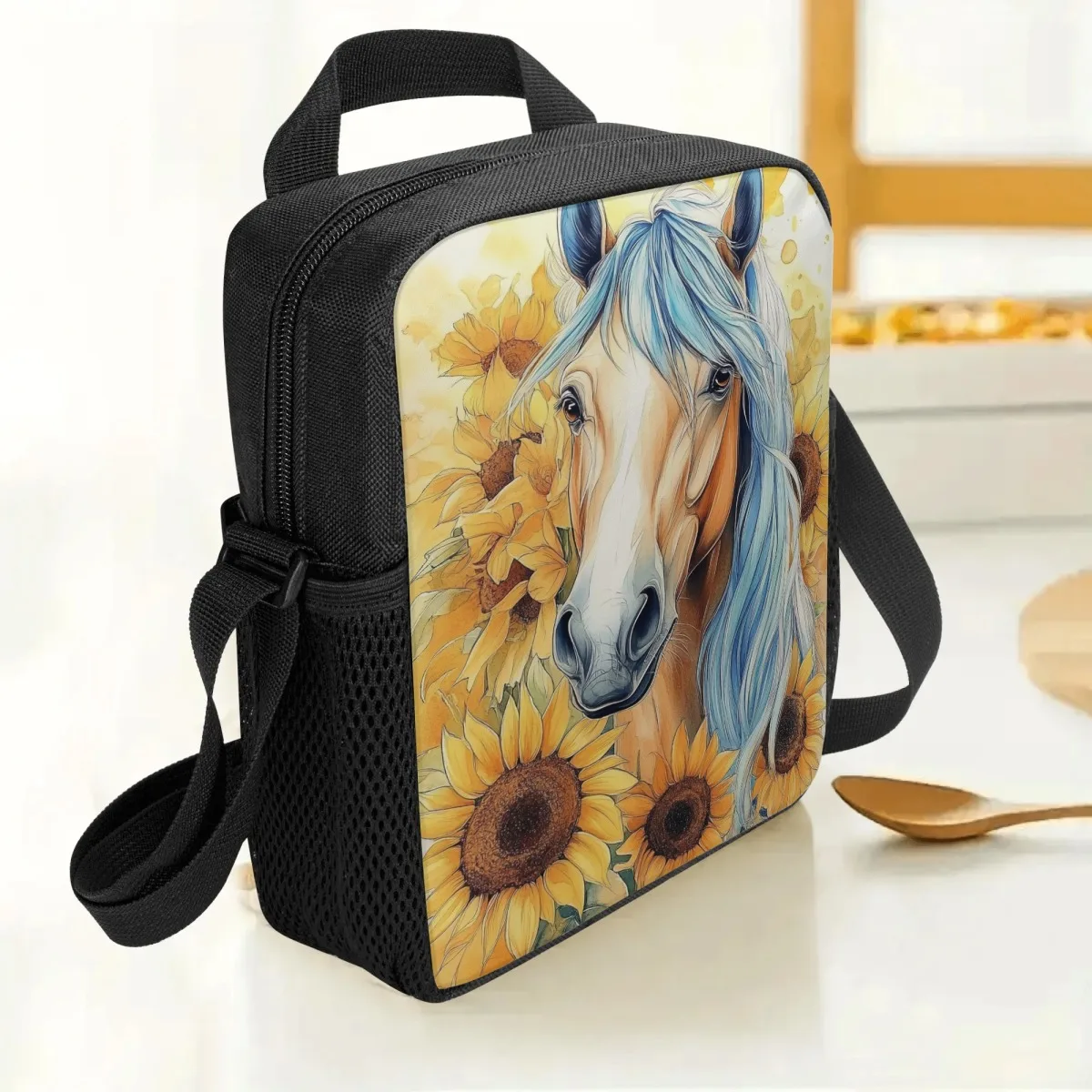 Lunch Bag with Shoulder Strap, Elegant Horses And Sunflower Design, Multi-Functional Cooler Tote, Non-Food Contact