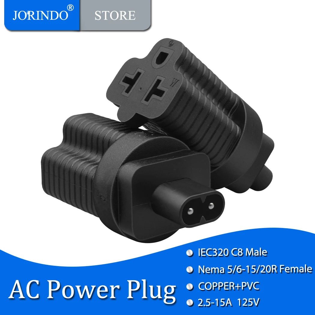 JORINDO IEC 320 C8 to 5-15R/5-20R/6-15R/6-20R 4 in 1 household AC plug adapter, Figure 8 Male to T-blade female power converter