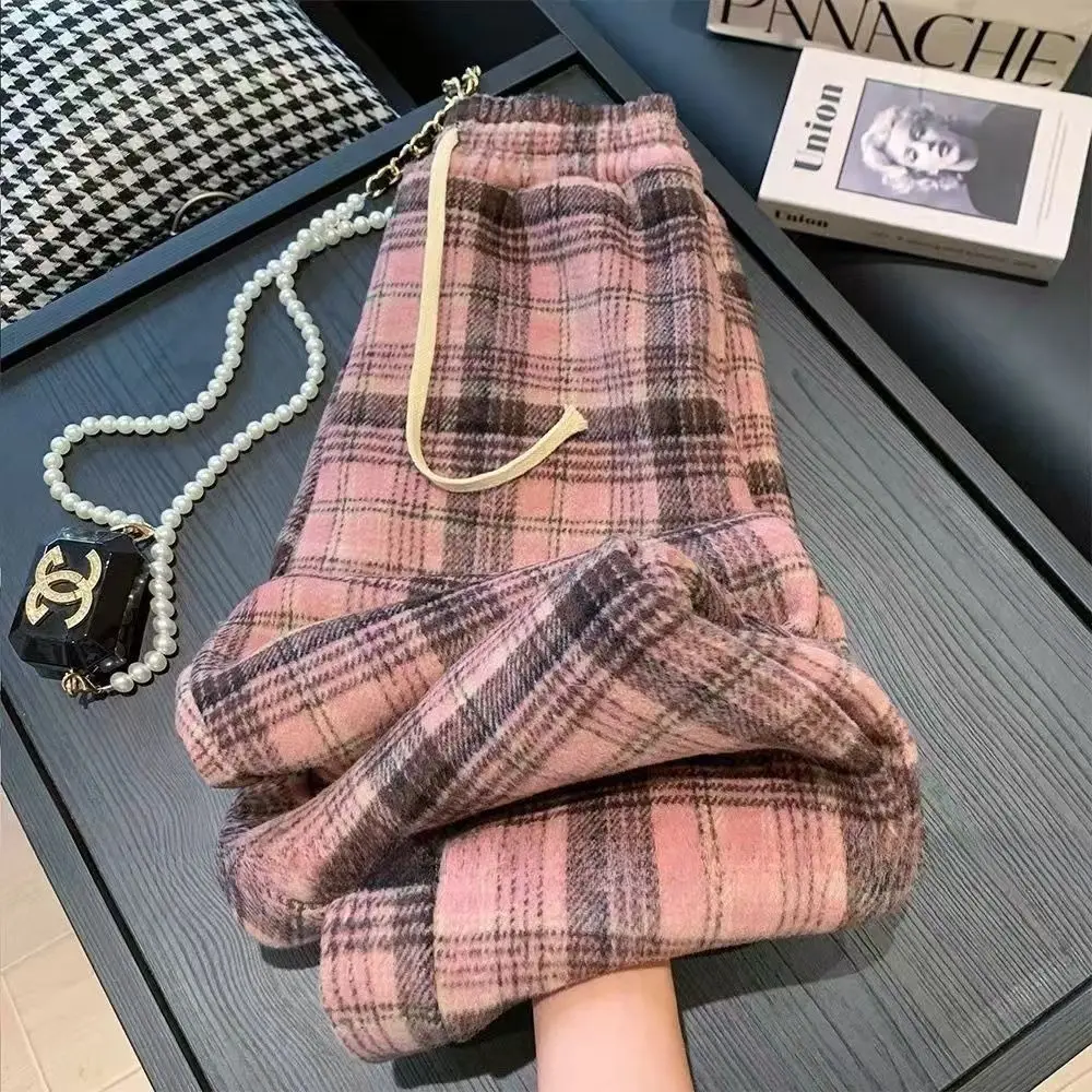 ThickenedFleeceTweedPlaidPantsWomen