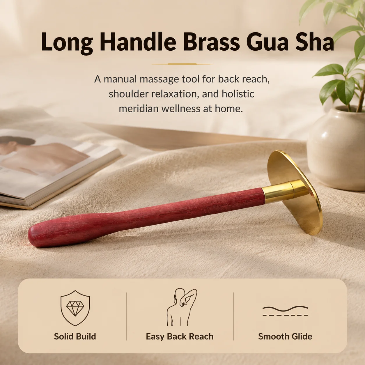 22cm Brass Gua Sha massage Board tools Long Handle Seamless Design Rounded Edges Polished Surface massager for Home Body Care