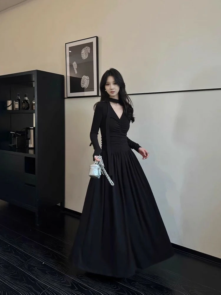 Dresses Long Sleeved Womens Civil Wedding Spring Satin Twisted All-Match Flared Waistless Dropped Shoulder Minimalist Chic Style