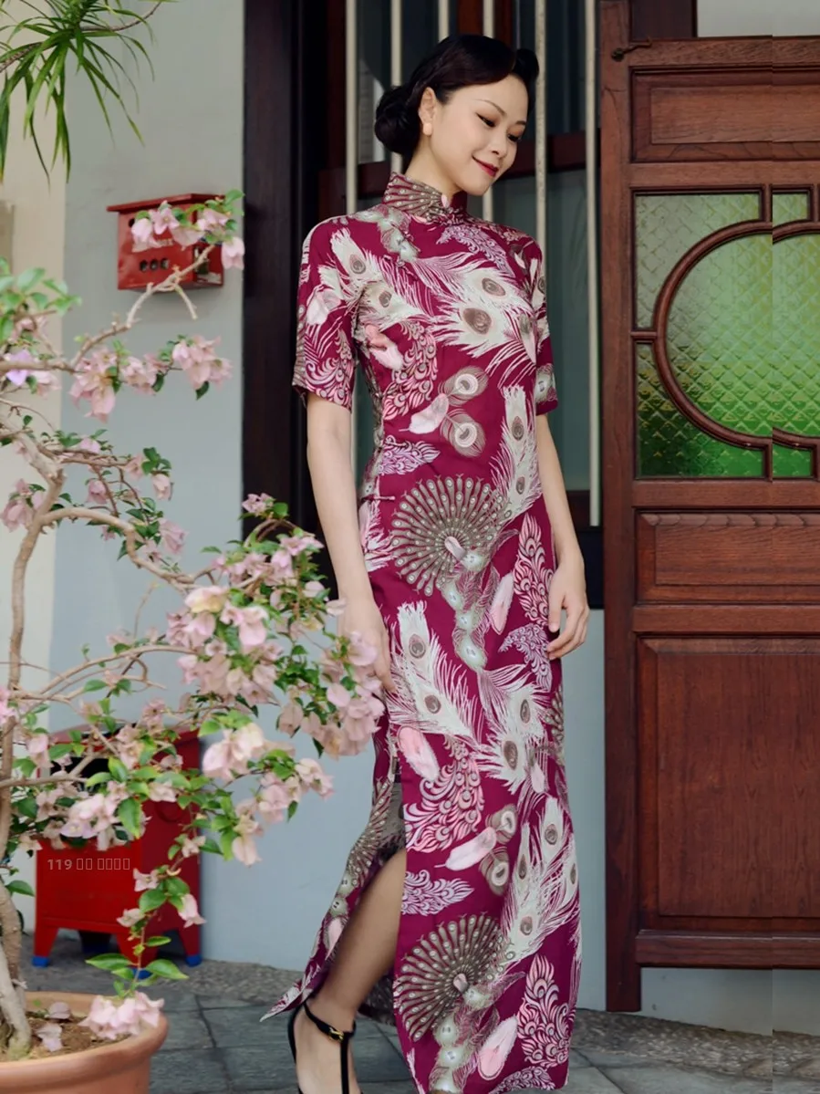 

Momei Весенне-летнее хлопково-шелковое платье с полуоткрытой планкой, длинное, с четырьмя частями, в художественном стиле, для повседневной носки, с низким разрезом, короткий рукав