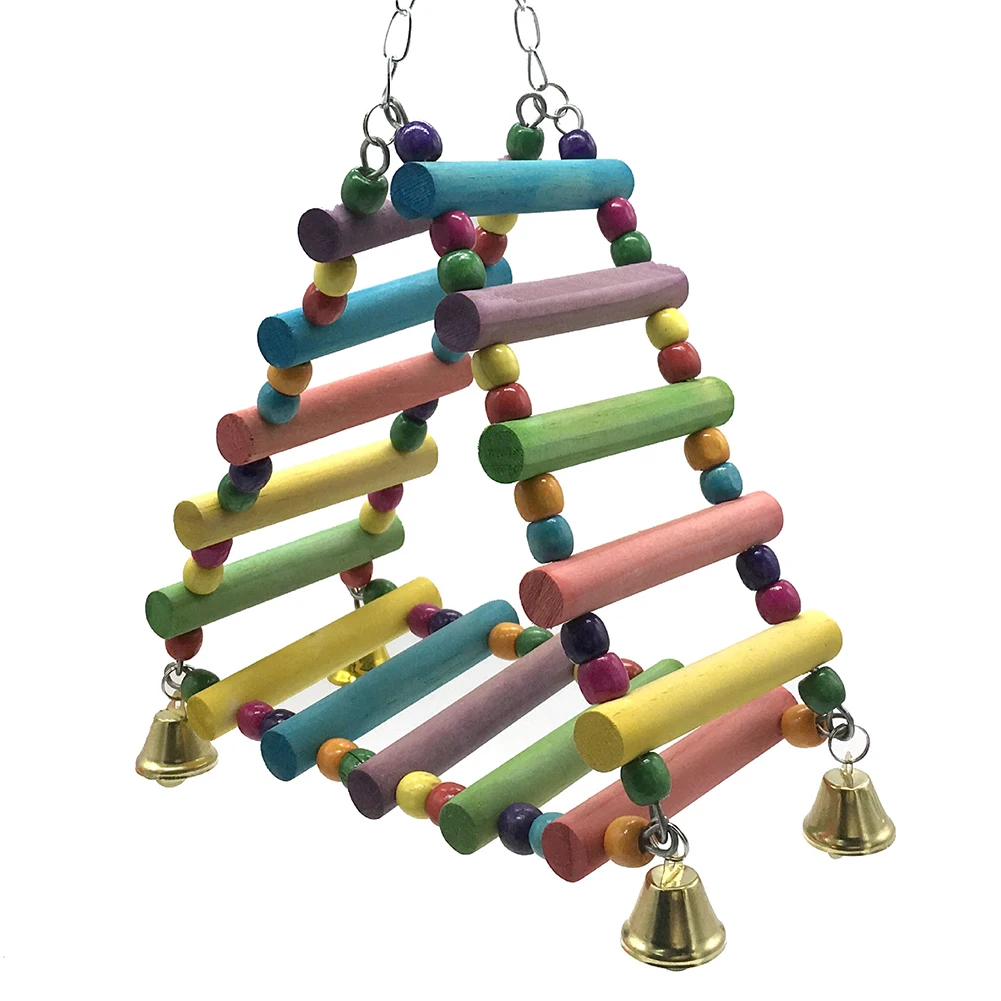 Parrot Hanging Wooden Rainbow Climbing Ladder Toy With Bells Bird Cage Accessories For Large Small Birds