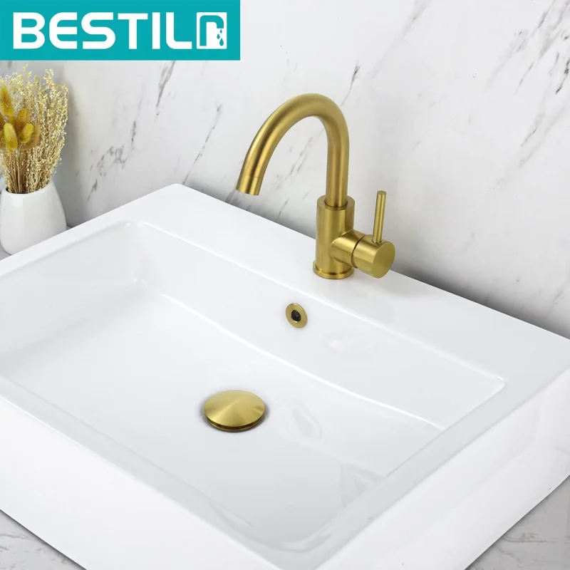 Bathroom Vessel Sink Drain Stopper, Push Up Drain with Overflow, Brushed Gold