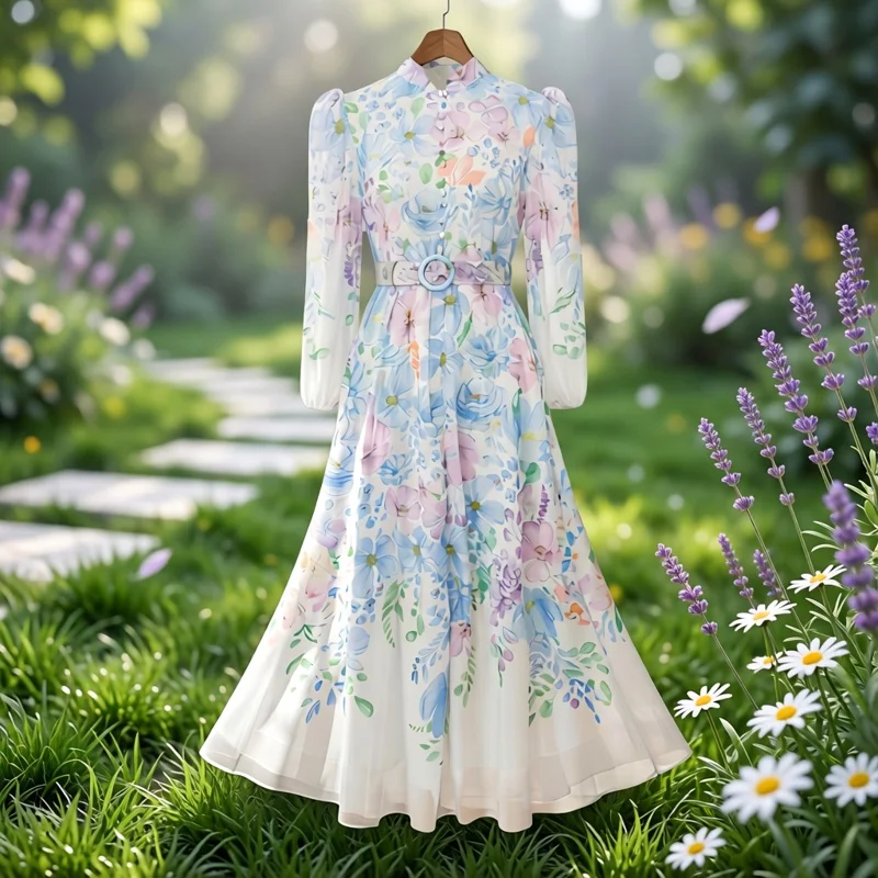 

Elegant Country Style Bubble Sleeve Dress Travel Holiday Photo Candy Color Fairy Long Dress Standard Fit Women's Spring Autumn