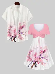 Outfit for Couples Watercolor Peach Blossom Print Cinched Dress and Buttons Pocket Shirt Plus Size Matching Hawaii Beach