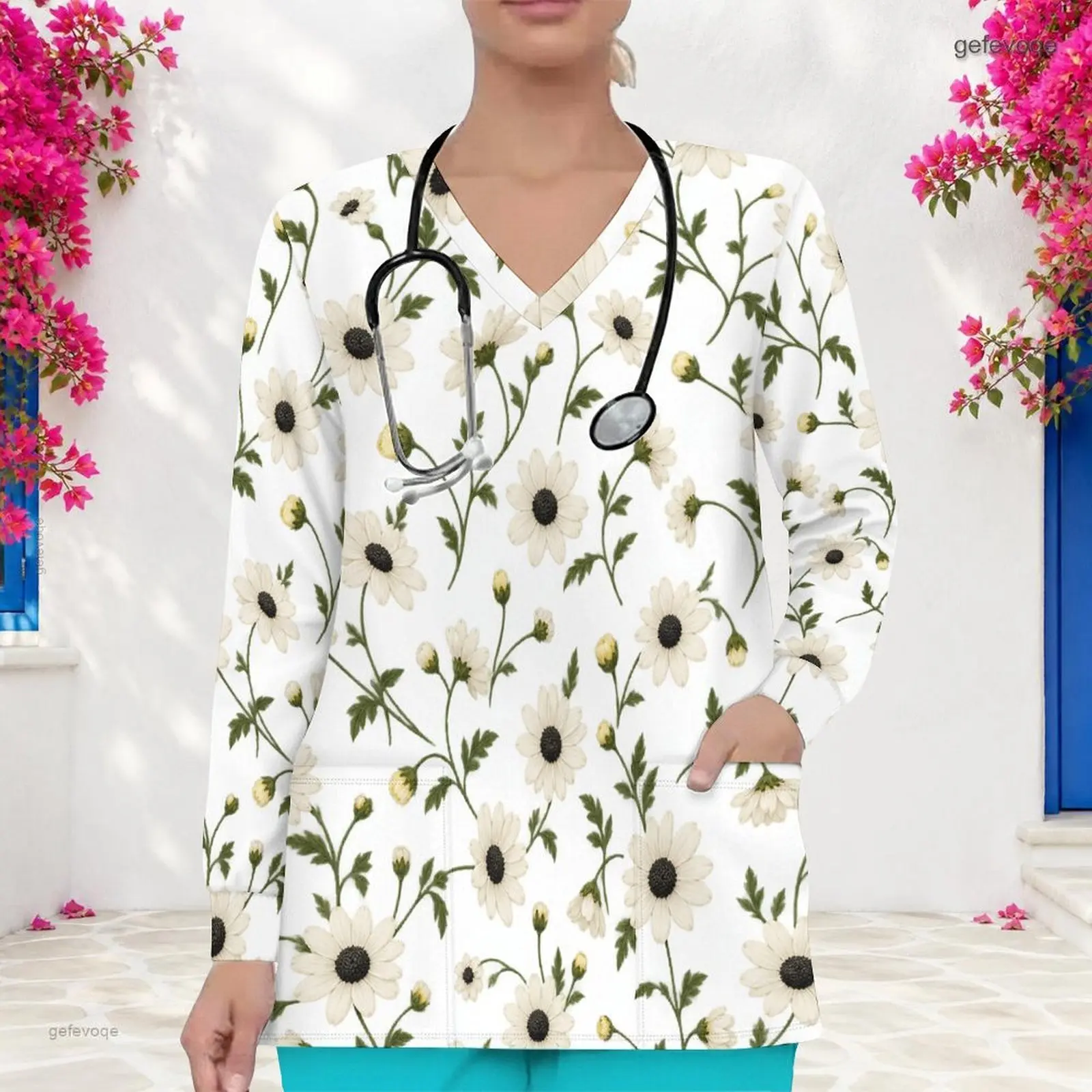 Women White Daisy Floral Printed V Neck Long Sleeve Scrub Top with Front Pockets