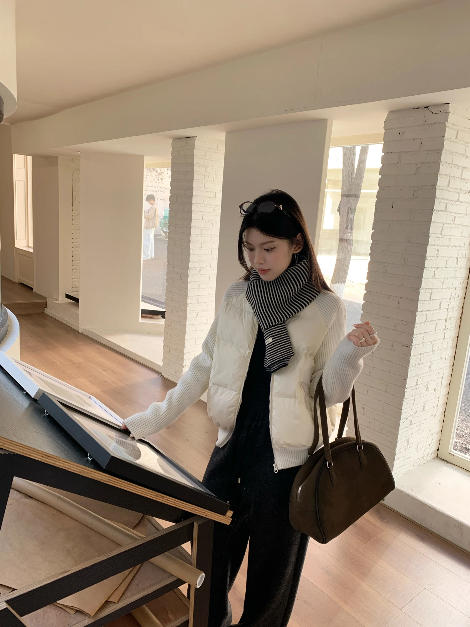 

Женская хлопковая куртка Kumikumi Design с вязаными элементами, на молнии, с рукавами до плеч, весенняя, простая, универсальная, теплая верхняя одежда с воротником-стойкой