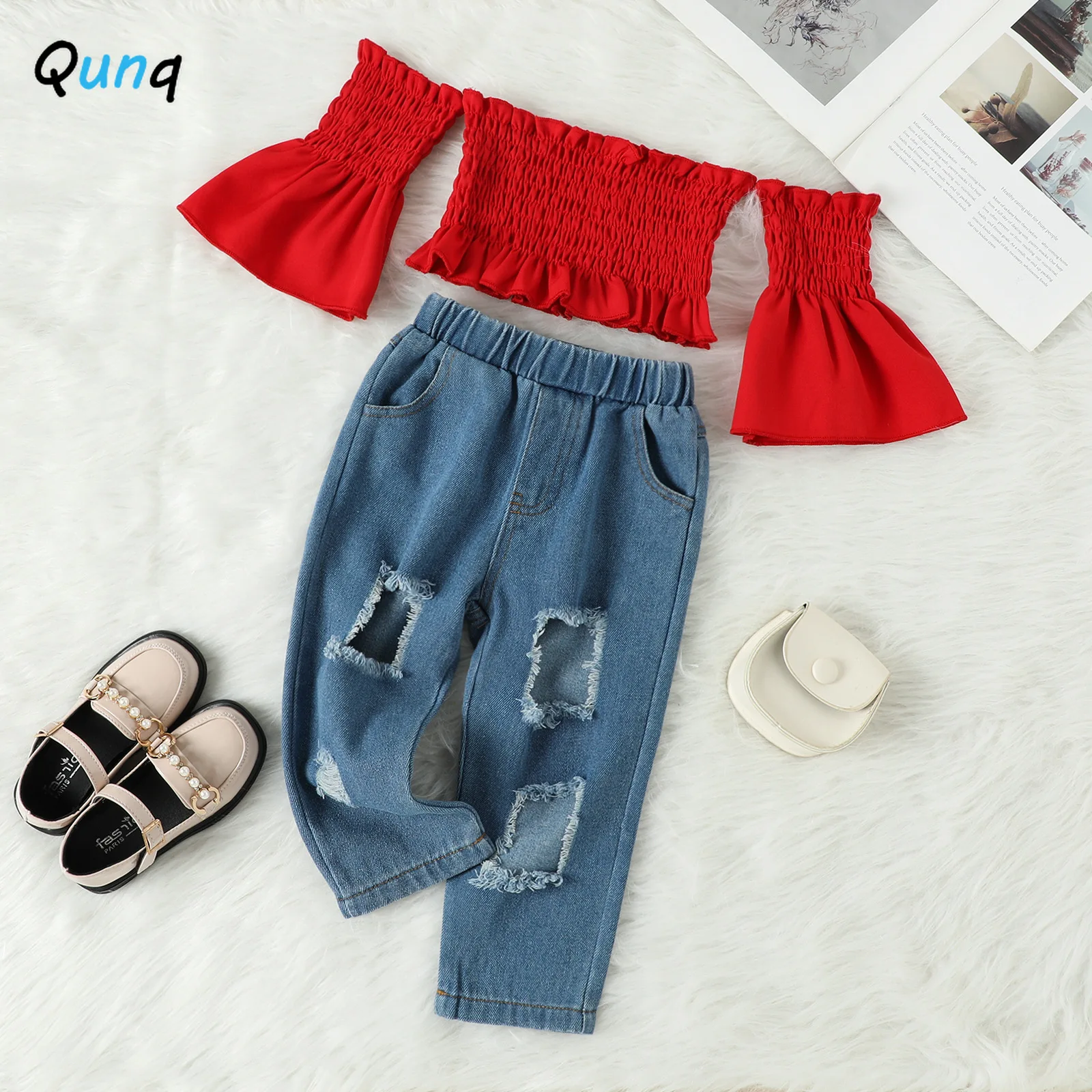 

Qunq 2022 Summer New Girls' One Word Led Flare Sleeve Folds Top + Denim Hole Pants 2 Pieces Set Casual Kids Clothes Age 3T-8T