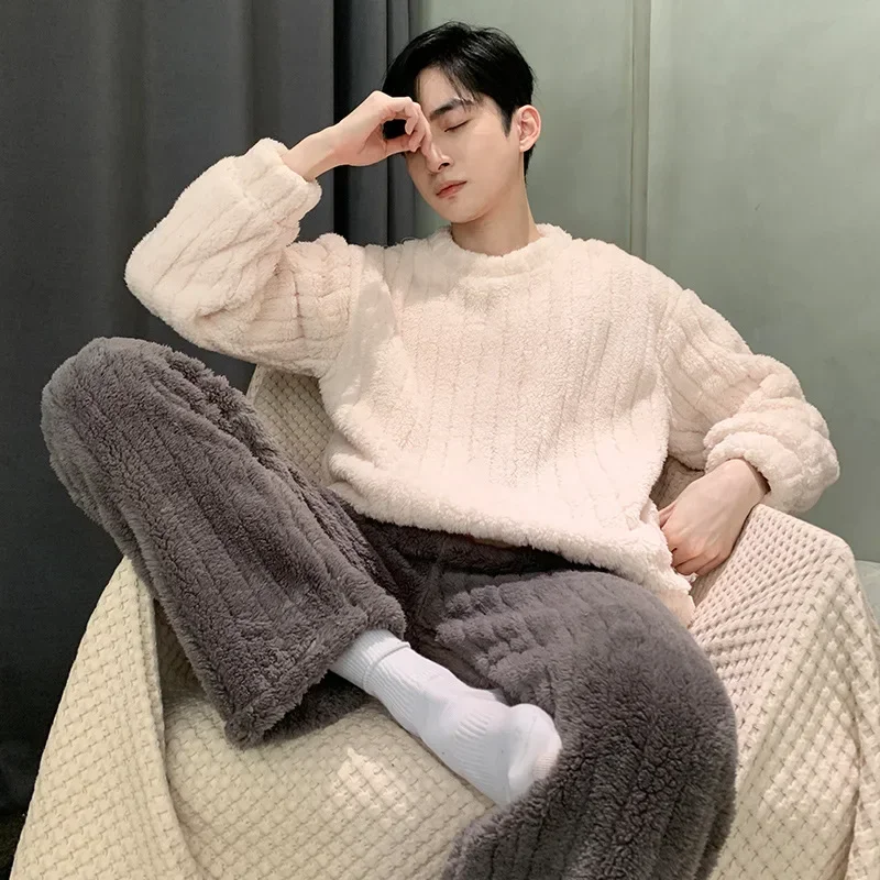 Casual Loose Men's Autumn Winter Warm Pajamas Set Warm Coral Fleece Striped Pullover + Plush Pants 2Pcs Sleepwear Male Homewear