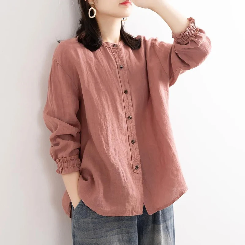 MEXZT Vintage Harajuku Cotton Linen Long Sleeve Women Shirts Fall Casual Korean Loose Office Lady O-Neck Top Solid Blouses New