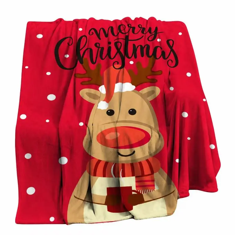 VIKAMA Merry Christmas Reindeer Flannel Throw Blanket Red Snow Cartoon Rudolph Print Soft Warm Holiday Sofa Decor Blanket