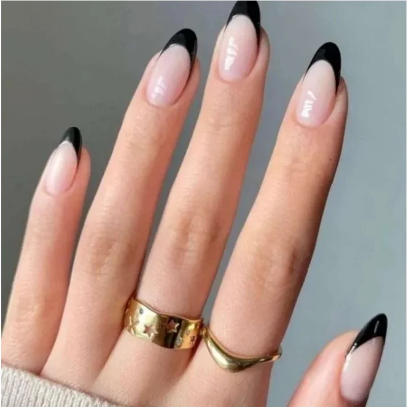 24Pcs/Set Black French Fake Nails Chips Removable Almond Shape Pointed Wearing False Nails Full Cover Stick Press on Nail Tips